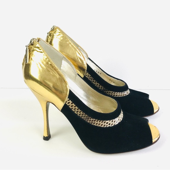 NWT Dolce & Gabbana Gold/Black Leather and Suede Peep Toe Pump Sz 36. 5 (US 6.5) - Picture 5 of 14